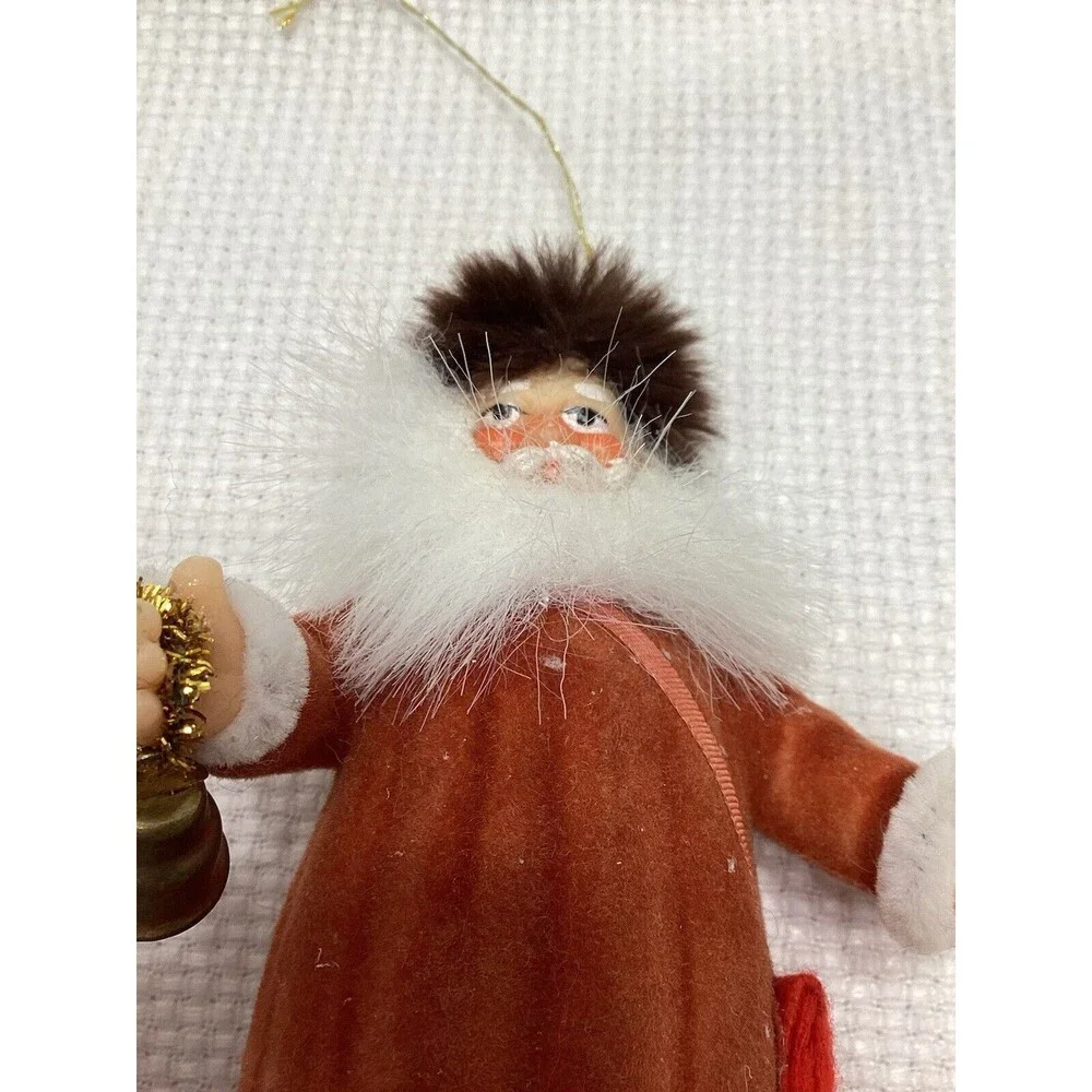 Flocked Plastic Old World Santa Christmas Ornament With Fur Hat & Bell 5”